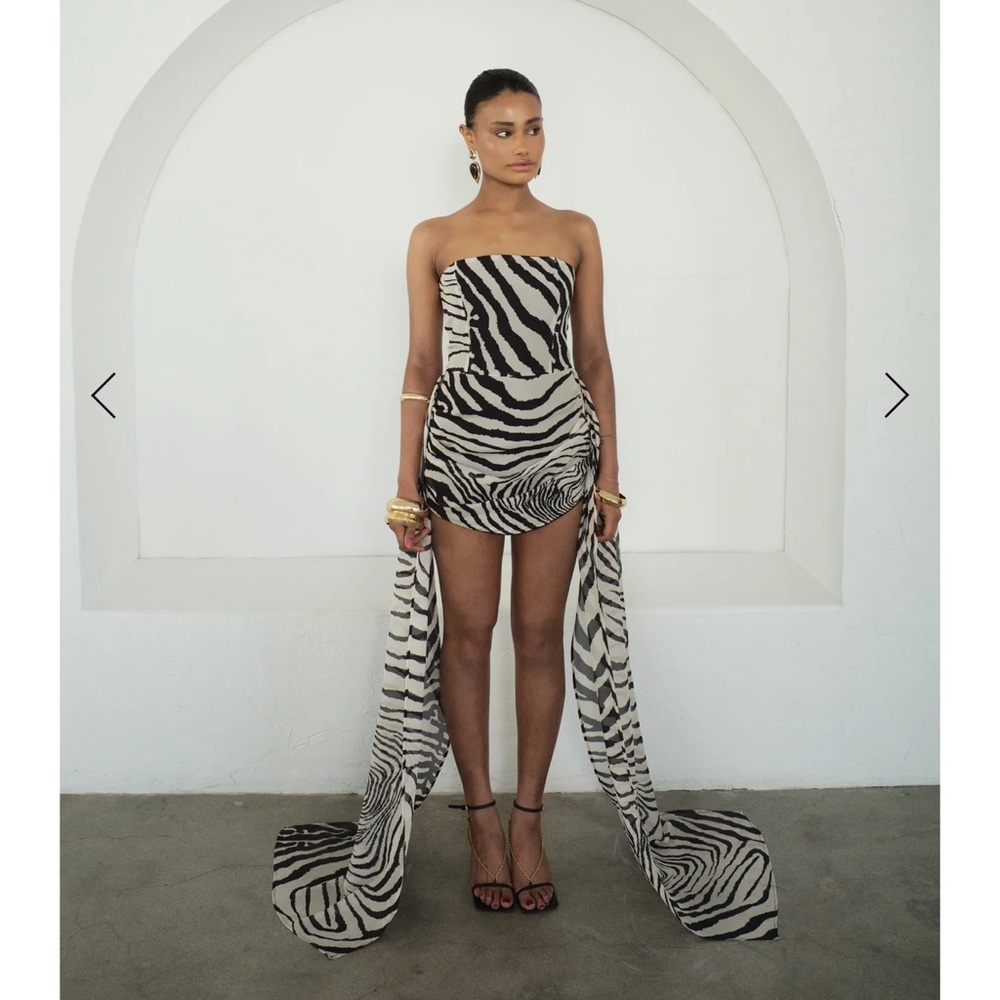 Strapless Zebra-Print Mini Dress with Draped Train